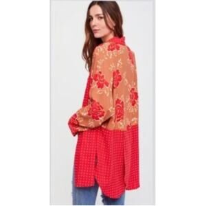 Free People Forget Me Not Kimono Red Floral Tile Print Boho Oversized Cardigan